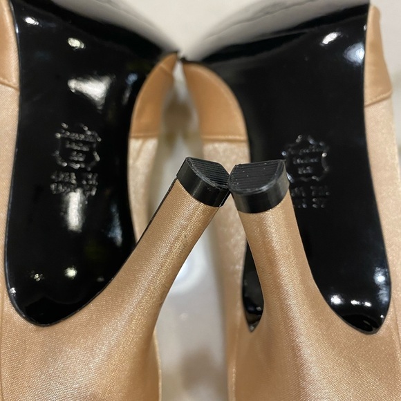 Nina Heels Size 37 US 6.5 Gold Champagne Satin Peep Toe Pleated Bow - Picture 10 of 14